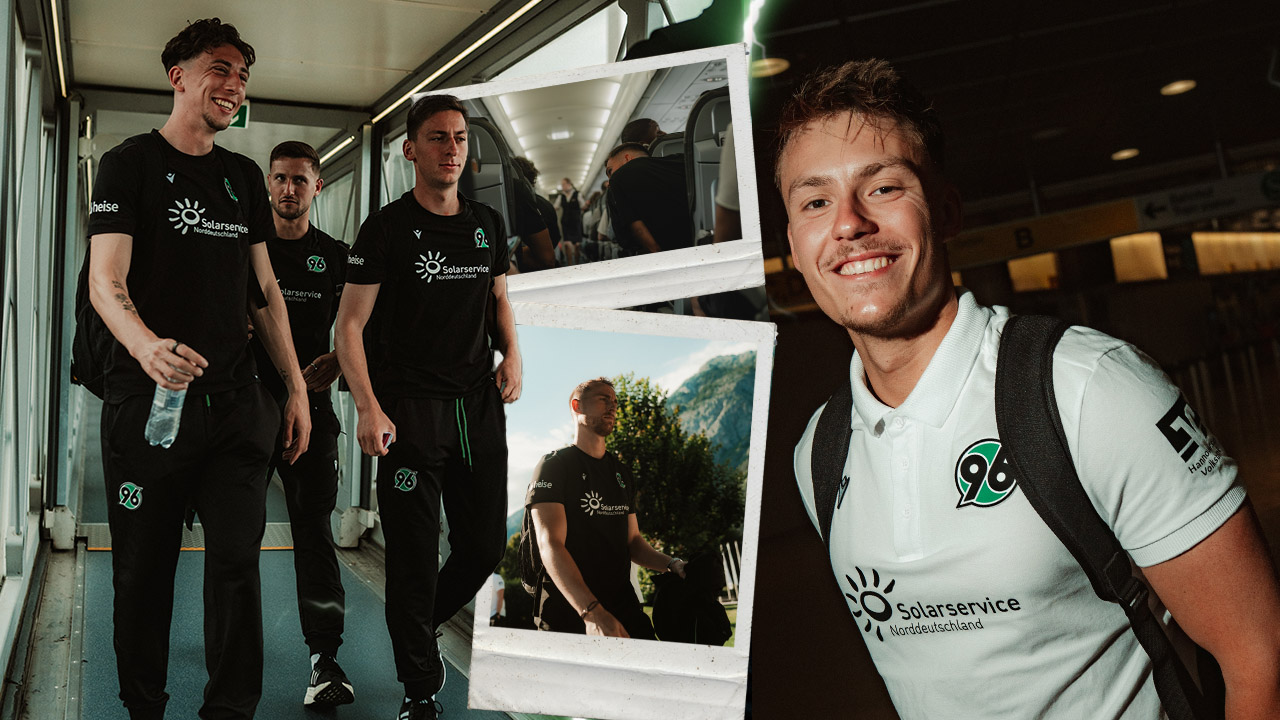 Die 96-Profis sind auf dem Weg ins Flugzeug zu sehen, ebenso Host Niklas.