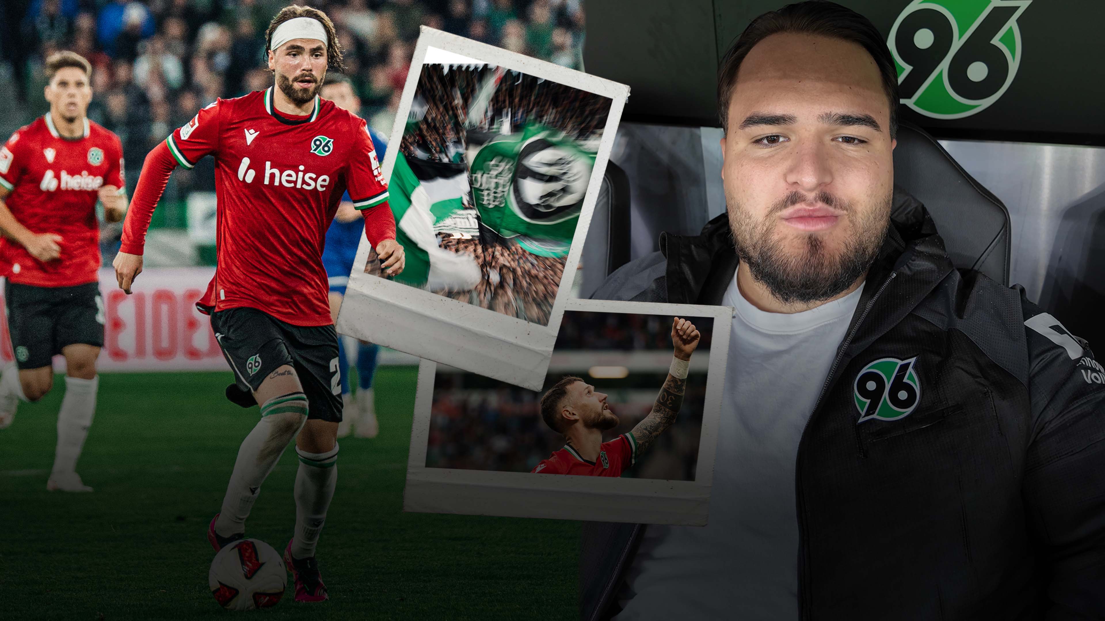 Collage aus zwei Bildern (Mann im Selfie;96 Spieler) und zwei Polaroids (ein 96-Spieler feier; 96-Kurve) davor.