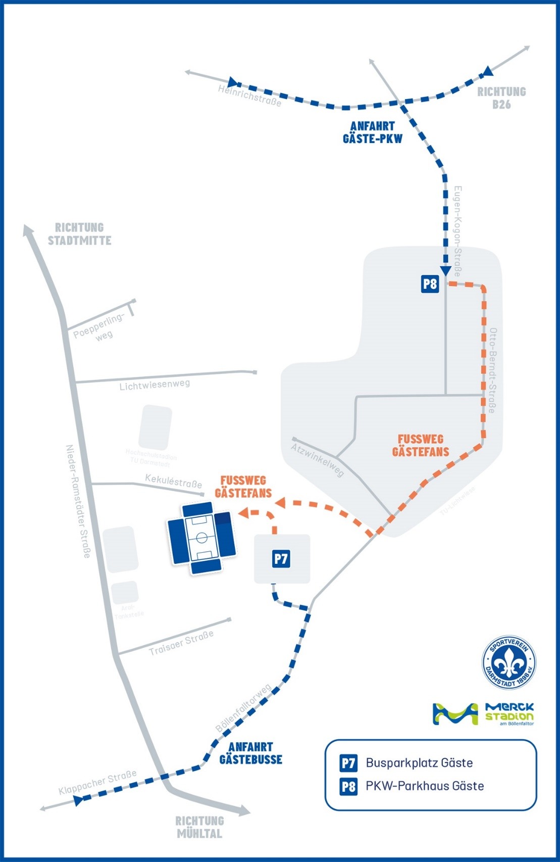 Skizze der Anfahrt zum Stadion in Darmstadt.