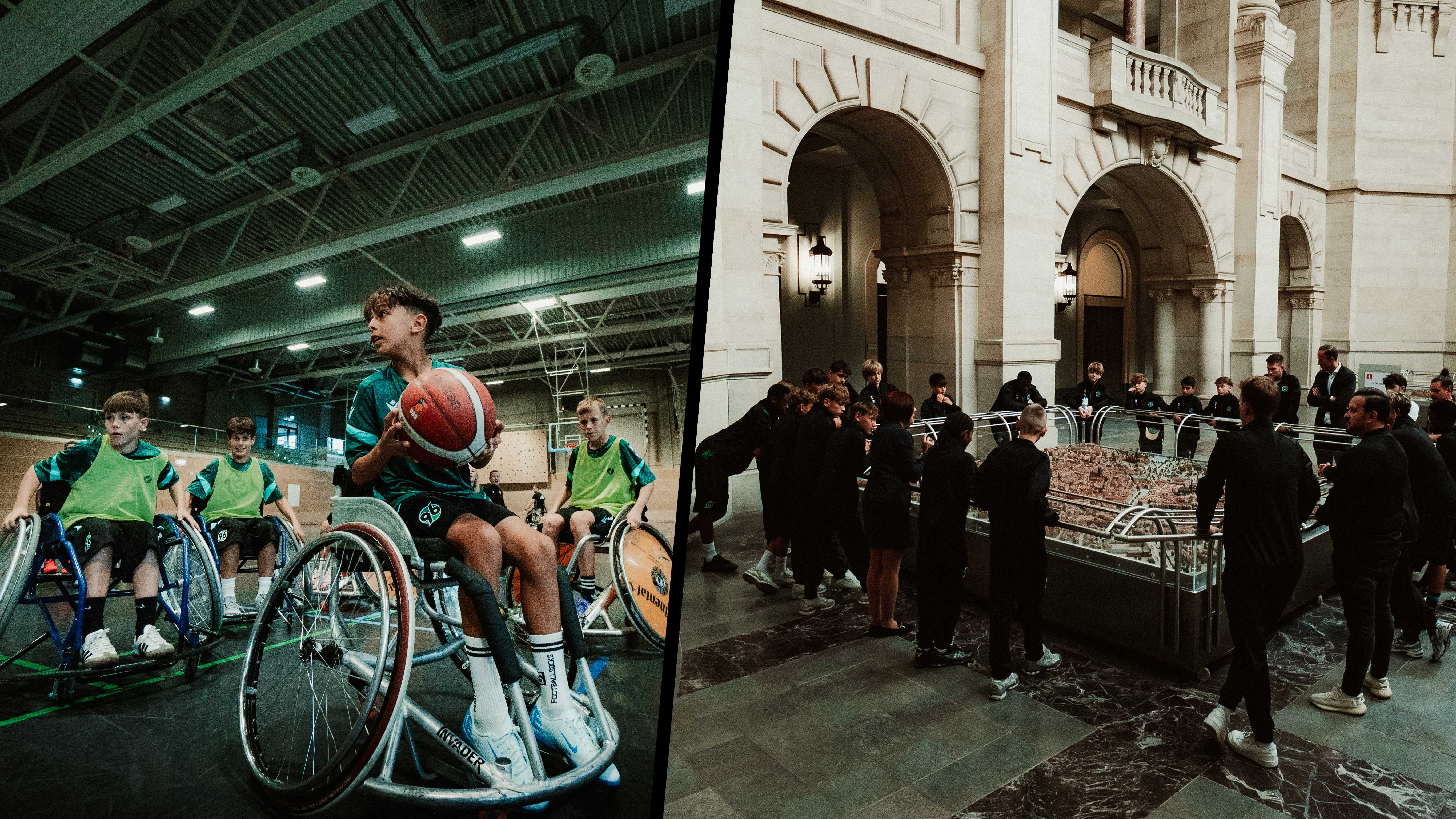 Die U12 und U14 von Hannover 96 beim Rollstuhl-Basketball und im Rathaus.
