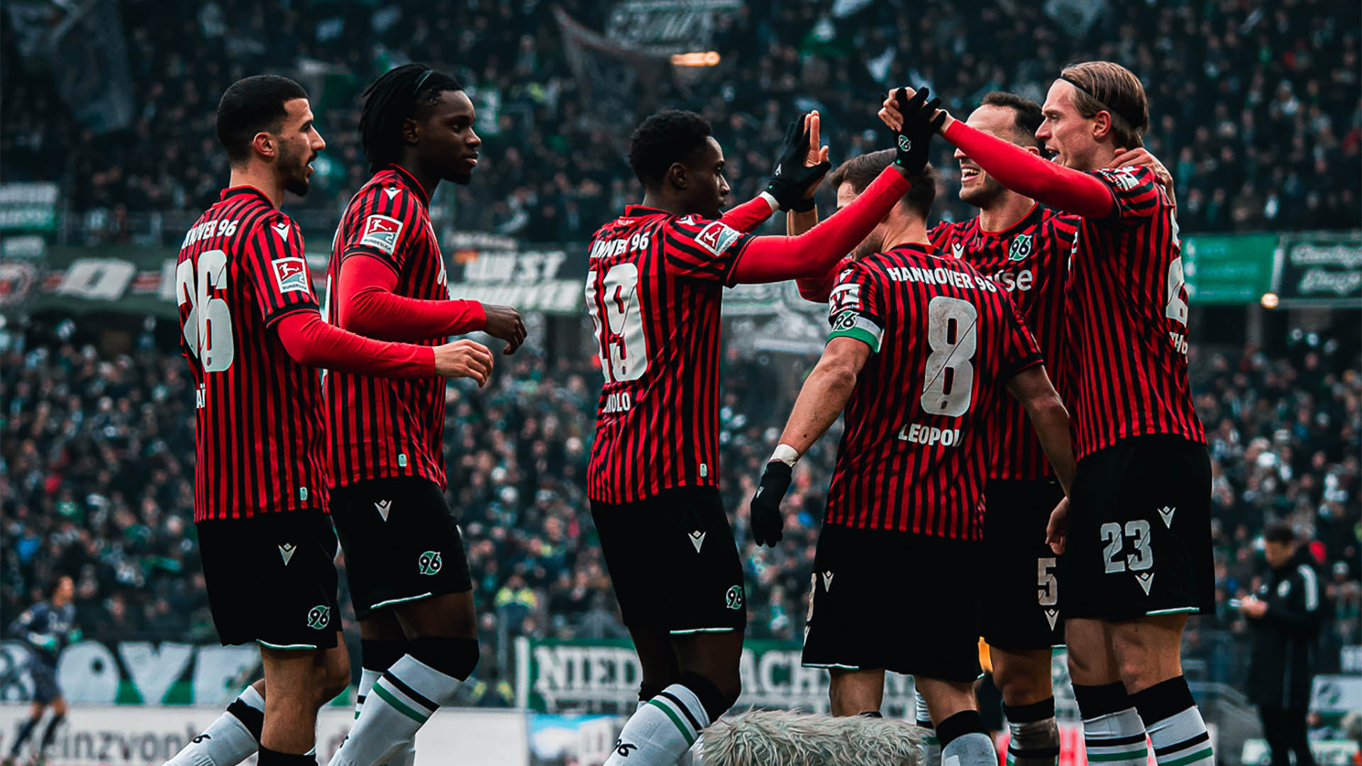 Sechs 96-Spieler in Heimtrikots bejubeln ein Tor, im Hintergrund die volle Nordkurve.