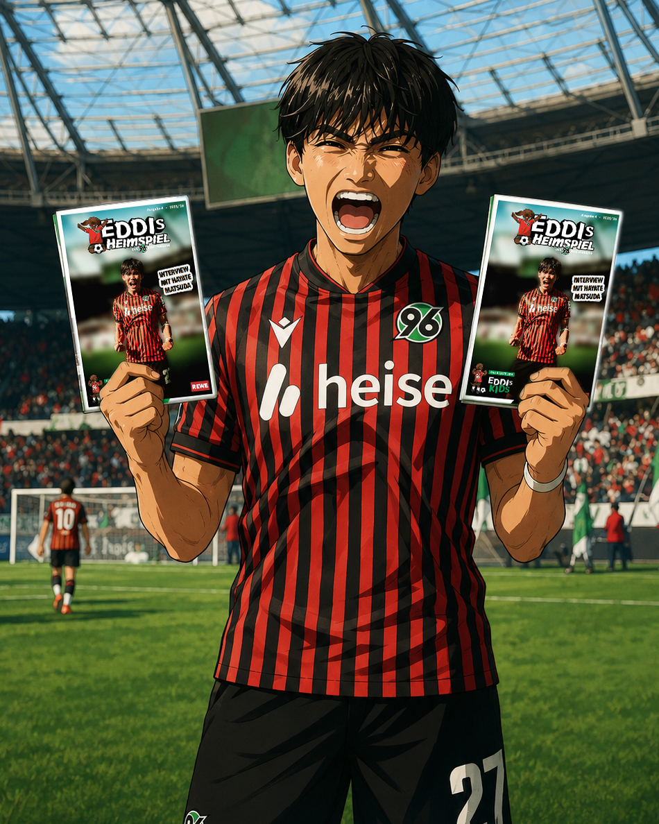 Eine Anime-Figur im 96-Heimtrikot hält zwei Heimspielmagazine und schreit, im Hintergrund das Stadion.