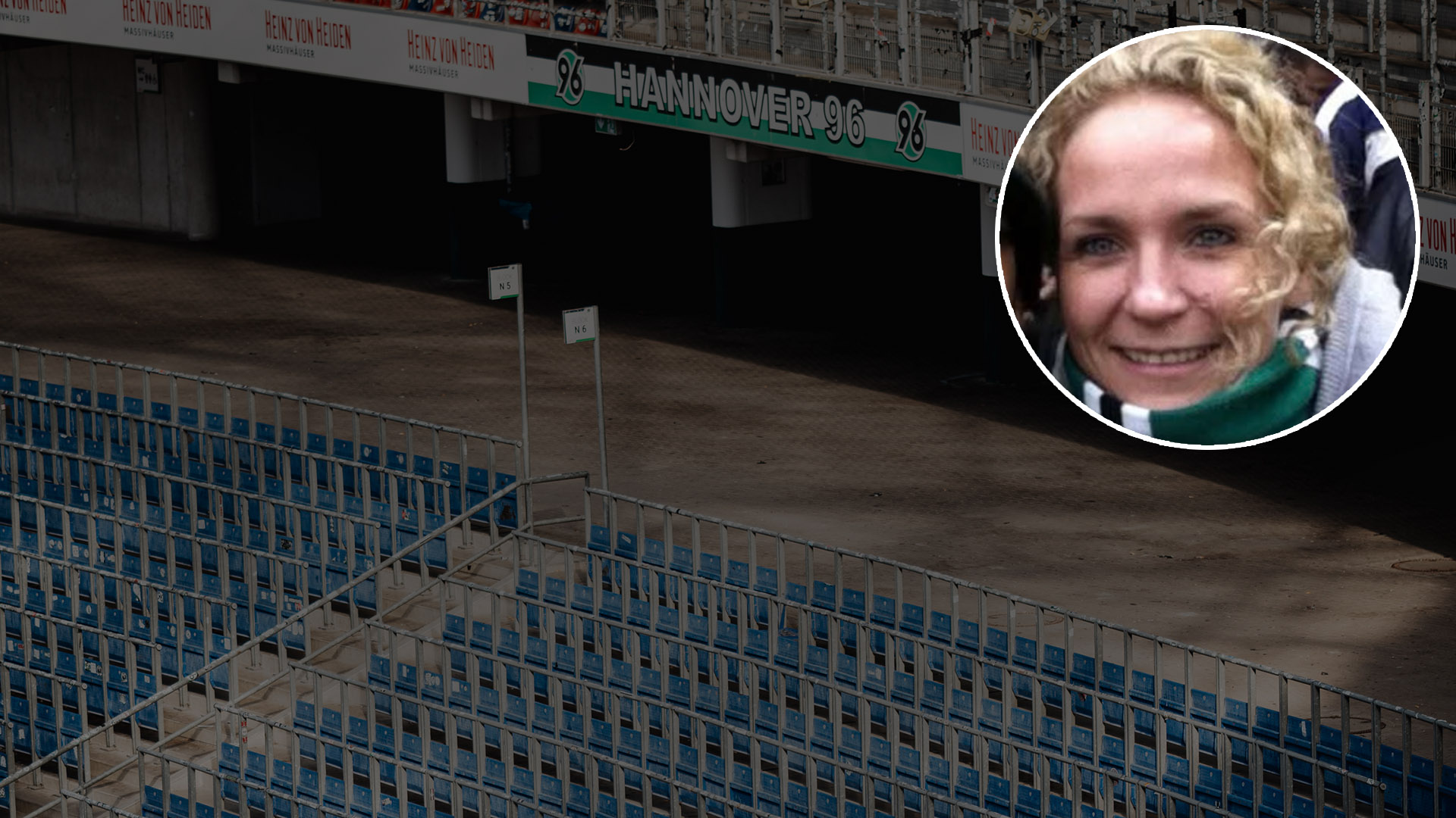 Ein leeres Stadion, Rechts oben ist eine Frau in einem Kreis in das Bild eingesetzt.