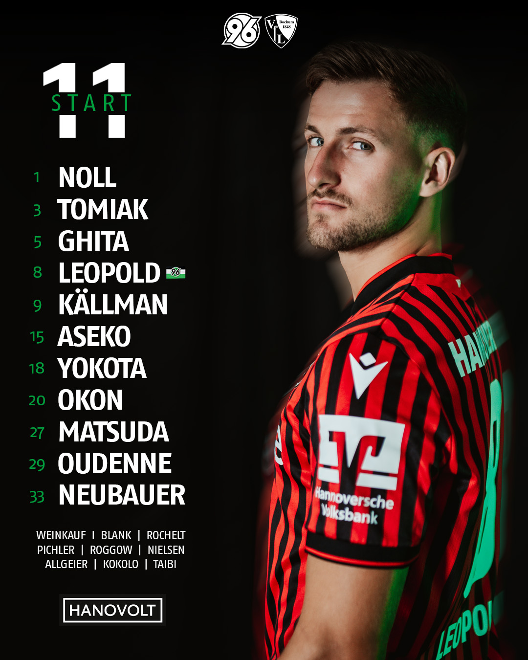 Enzo Leopold vor schwarzem Hintergrund im Heimtrikot, daneben die Startelf grafisch dargestellt. 