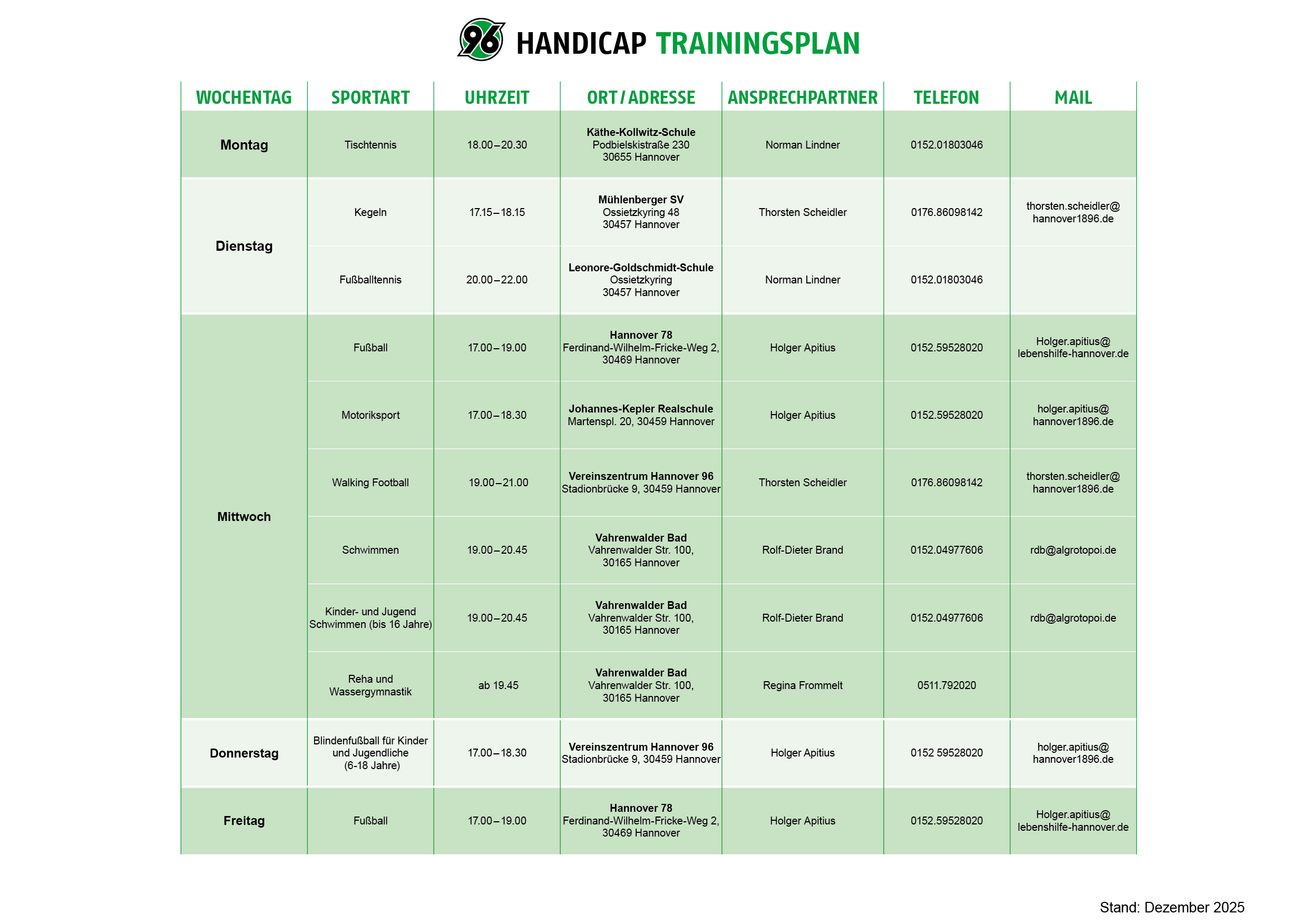 Wöchentlicher Trainingsplan der Abteilung Handicapsport