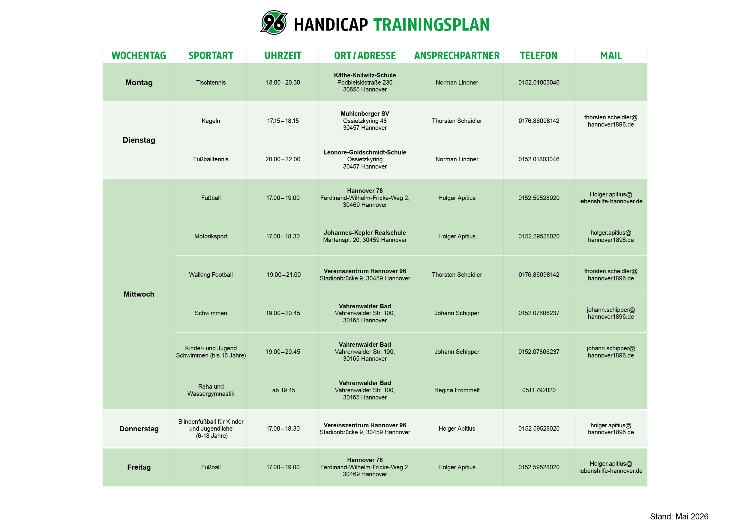Trainingsplan der Abteilung Handicapsport von Hannover 96