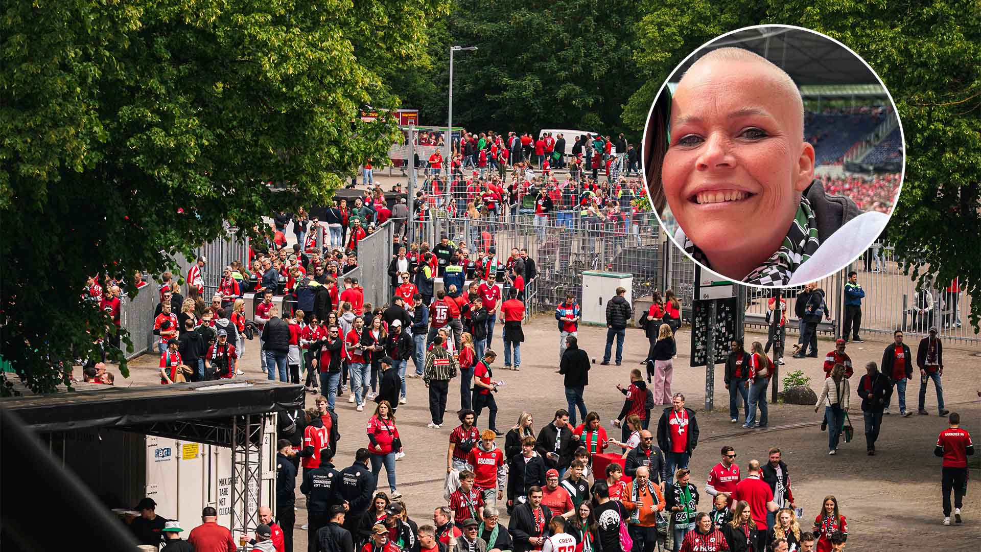 Collage aus zwei Bildern: Blick von oben auf den Eingang im Norden der Heinz von Heiden Arena, darin eingeklinkt das Gesicht eines weiblichen 96-Fans.