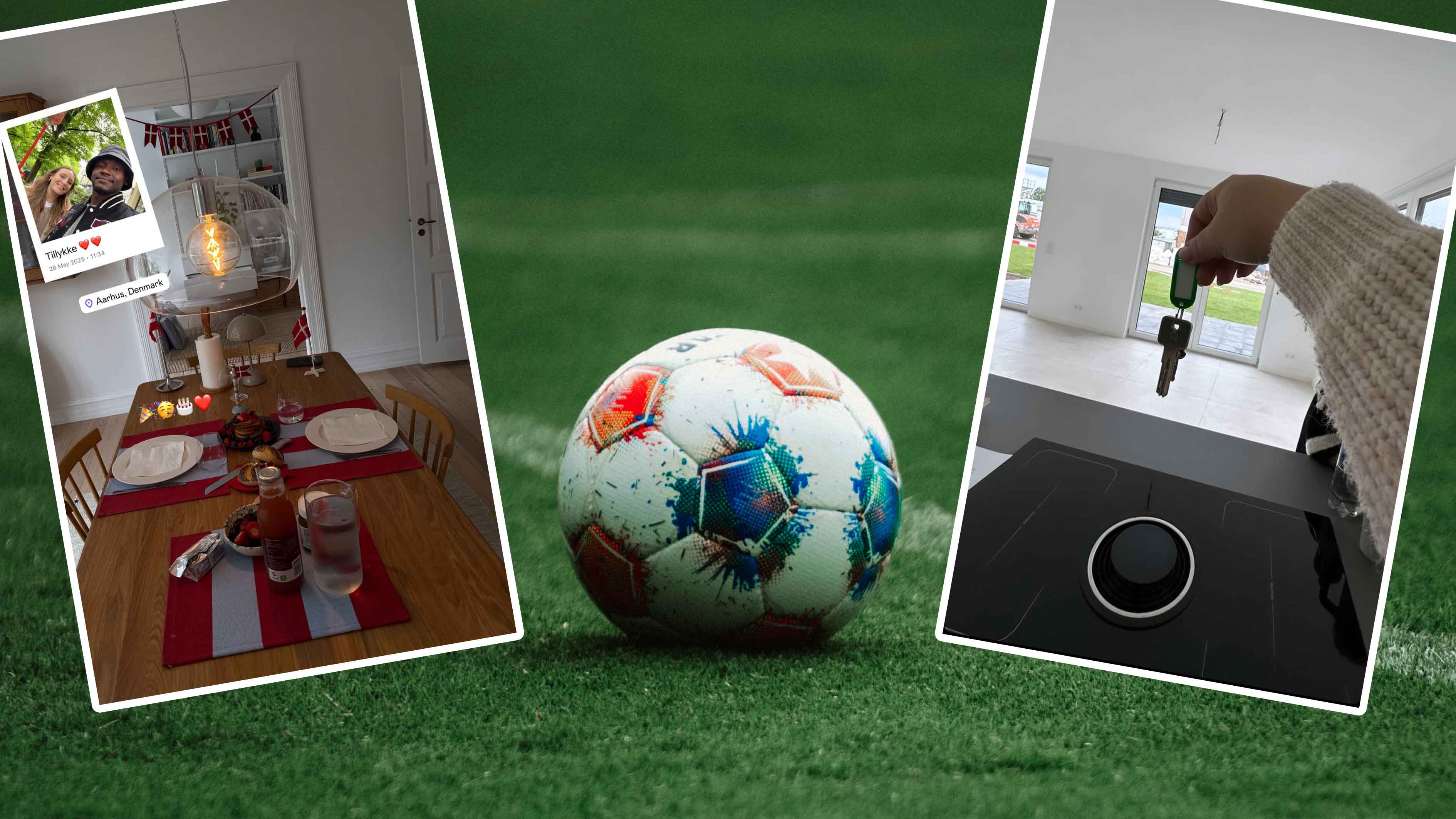Vor einem Ball-Rasen-Bild sind zwei Instagram-Storys eingeklinkt, ein gedeckter Tisch von Bundu und ein Schlüssel in einer neuen Wohnung von Sterner.