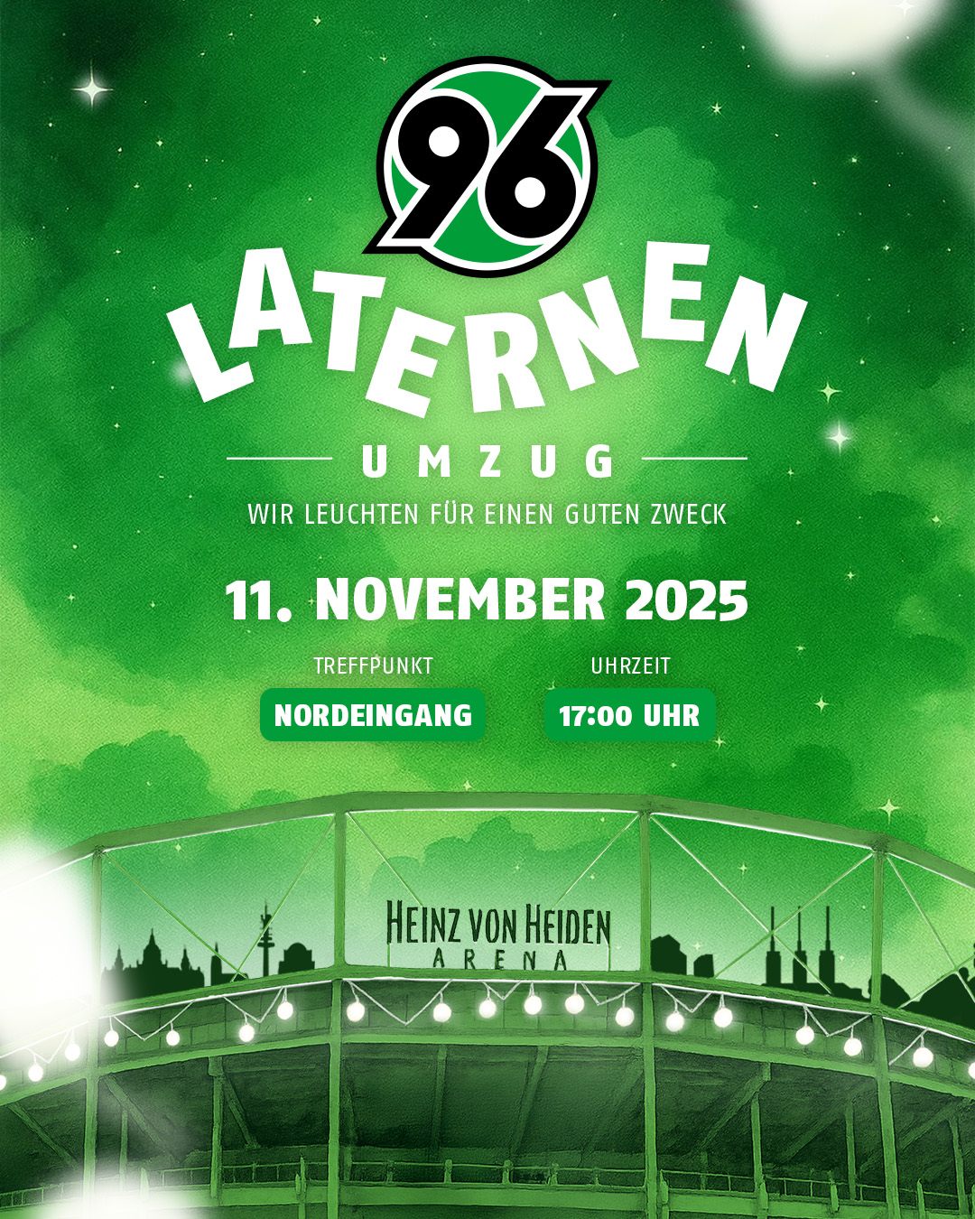 Das Ankündigungsplakat des Laternenumzugs in grünem Design mit der Arena im Hintergrund.