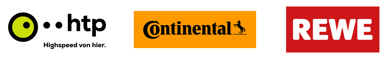 Die Logos von htp, Continental und REWE nebeneinander angeordnet.
