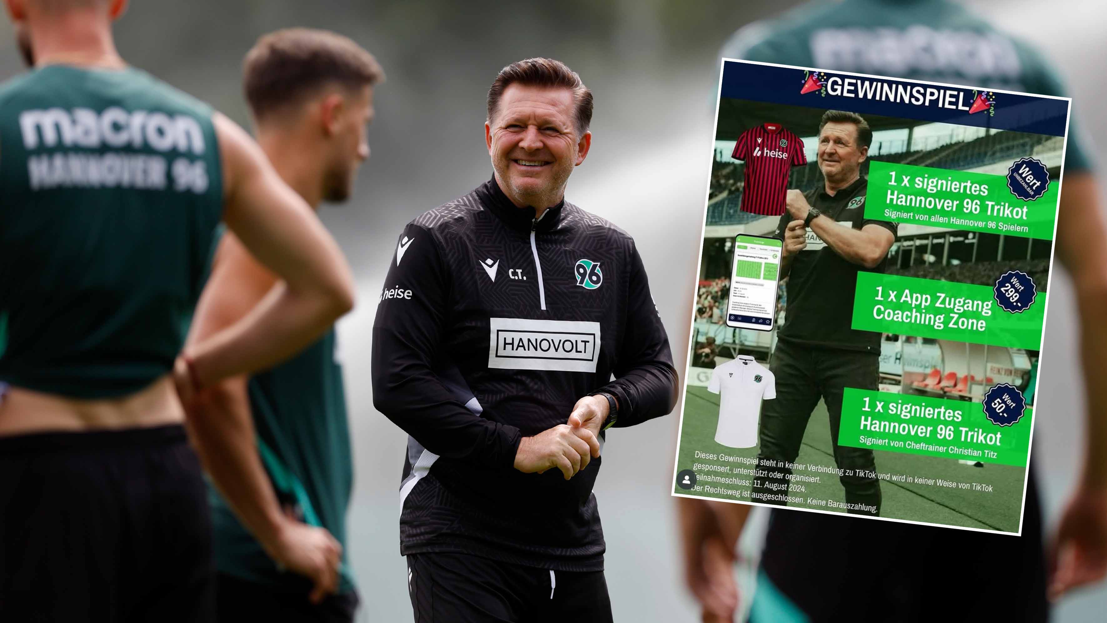 Christian Titz im 96-Training mit dem Gewinnspiel-Post.