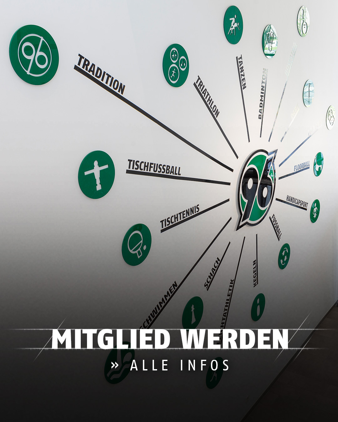Blick auf eine weiße Wand, auf der verschiedene Sportarten mit Namen und Symbolen abgebildet sind.