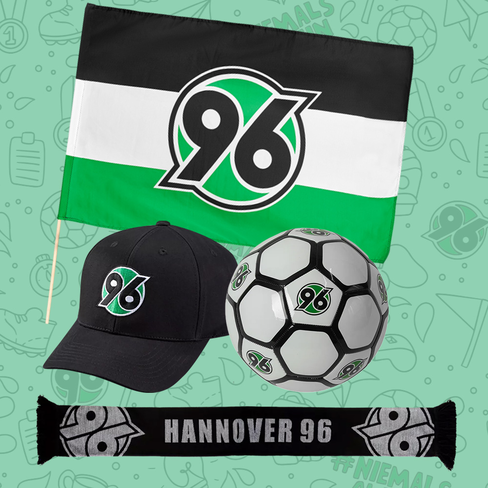 Eine Hannover-96-Fahne, eine 96-Cap, ein 96-Schal und ein 96-Ball.