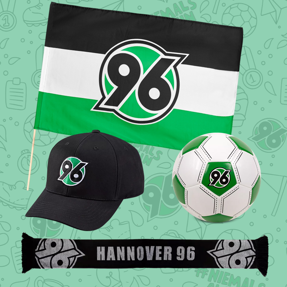 Eine Hannover-96-Fahne, eine 96-Cap, ein 96-Schal und ein 96-Ball.