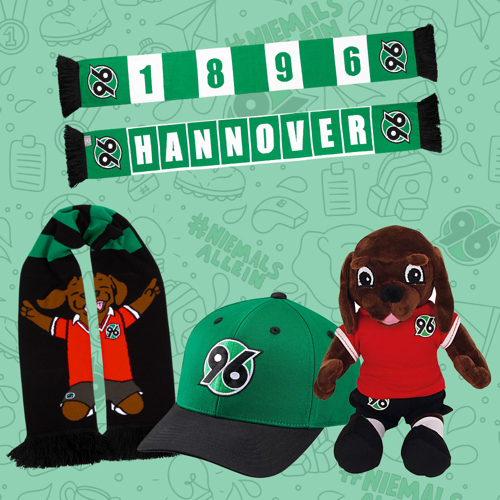 Ein Hannover-96- und ein EDDI-Schal, eine 96-Cap und ein EDDI-Kuscheltier.