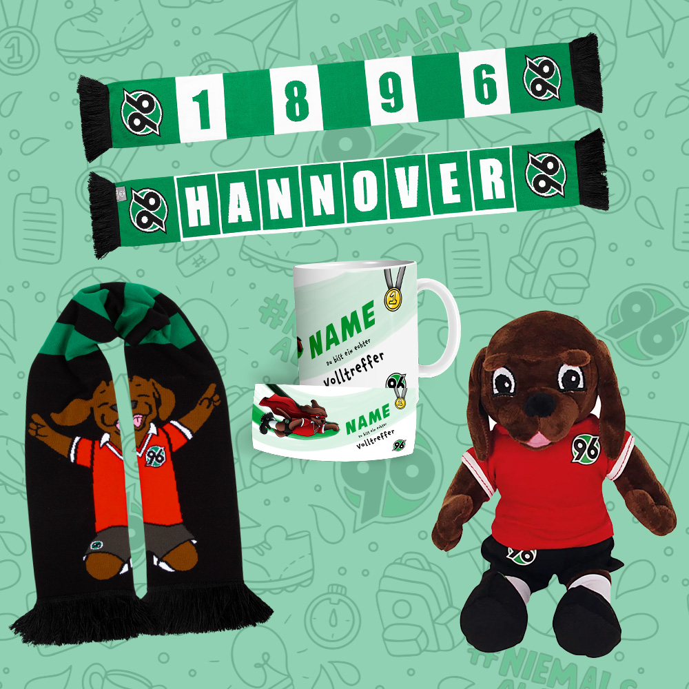 Ein Hannover-96- und ein EDDI-Schal, eine Tasse mit der Aufschrift "Du bist ein echter Volltreffer" und ein EDDI-Kuscheltier.