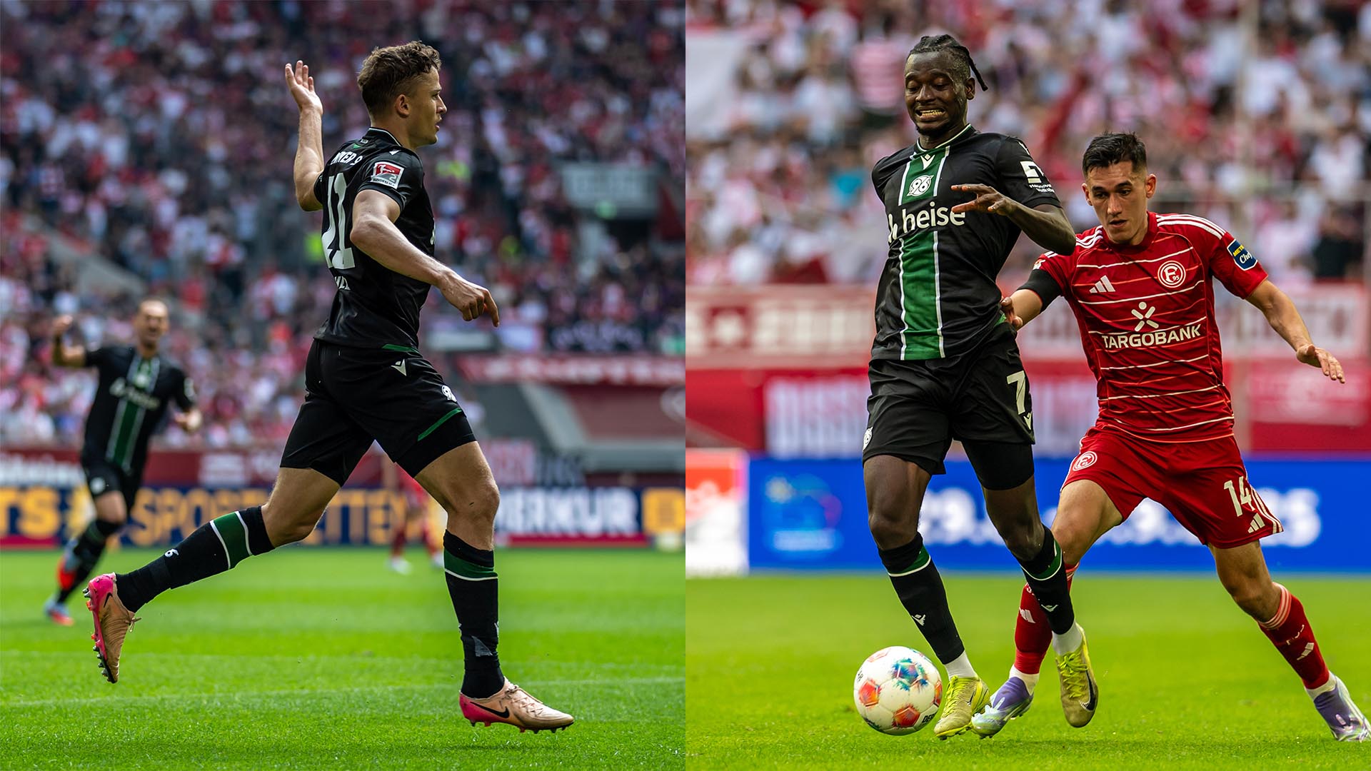 Collage aus Ganzkörperaufnahmen von Benedikt Pichler und Mustapha Bundu aus dem Spiel in Düsseldorf, Pichler seitlich, Bundu von vorne.