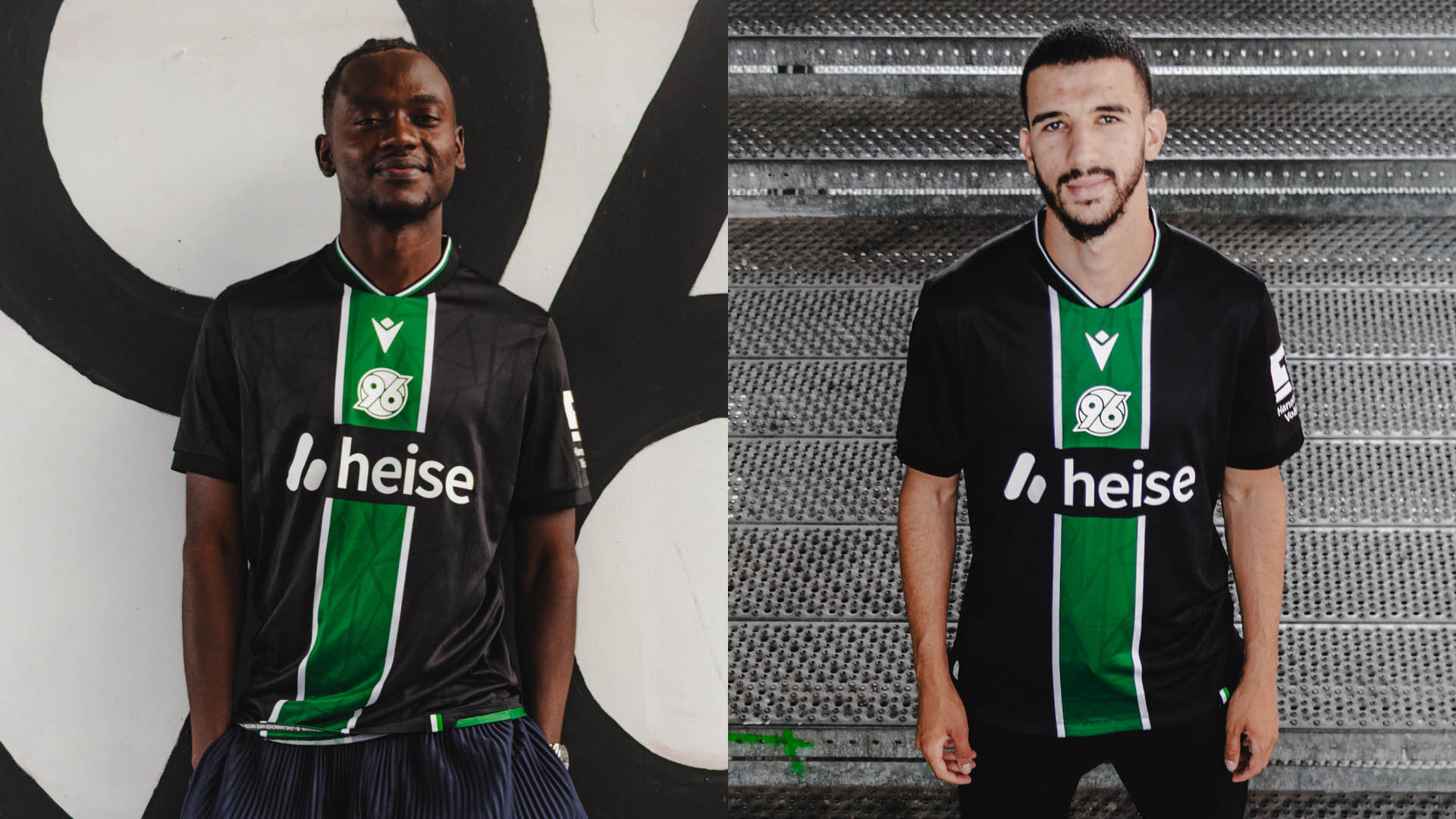 Die beiden Hannover-96-Neuzugänge Mustapha Bundu und Waniss Taibi posieren im neuen 96-Auswärtstrikot.