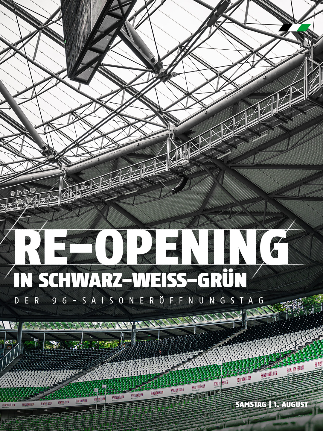 Grafik zur Saisoneröffnung mit Blick in die Nordkurve der Heinz von Heiden Arena mit schwarz-weiß-grünen Sitzen.