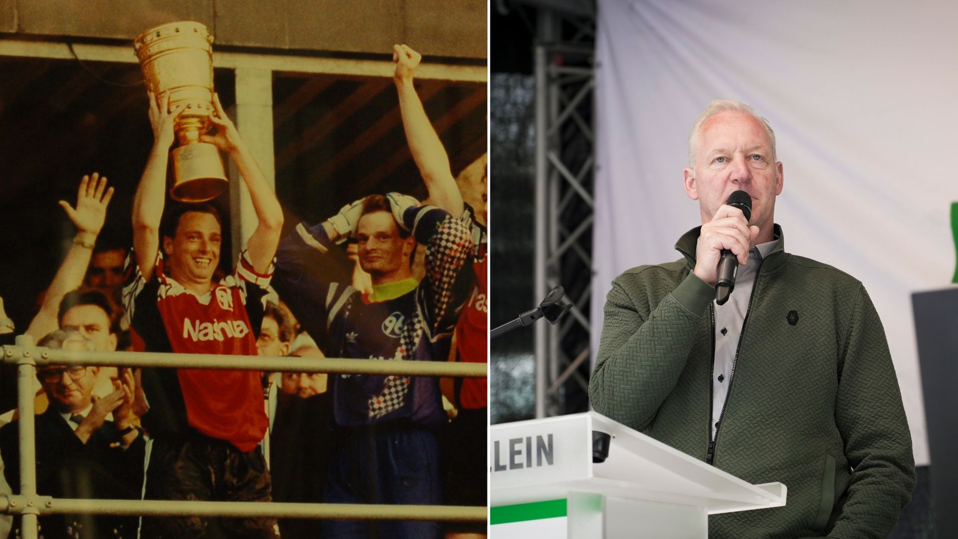 Jörg Sievers hebt den DFP-Pokal in die Luft und Carsten Linke spricht ins Mikrofon.