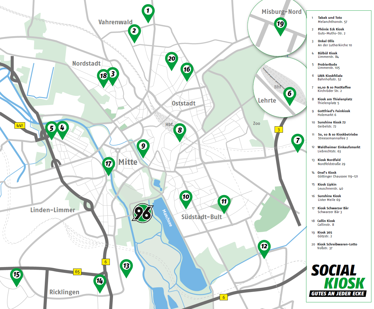 Die Social Kioske grafisch auf einer Stadtkarte dargestellt.