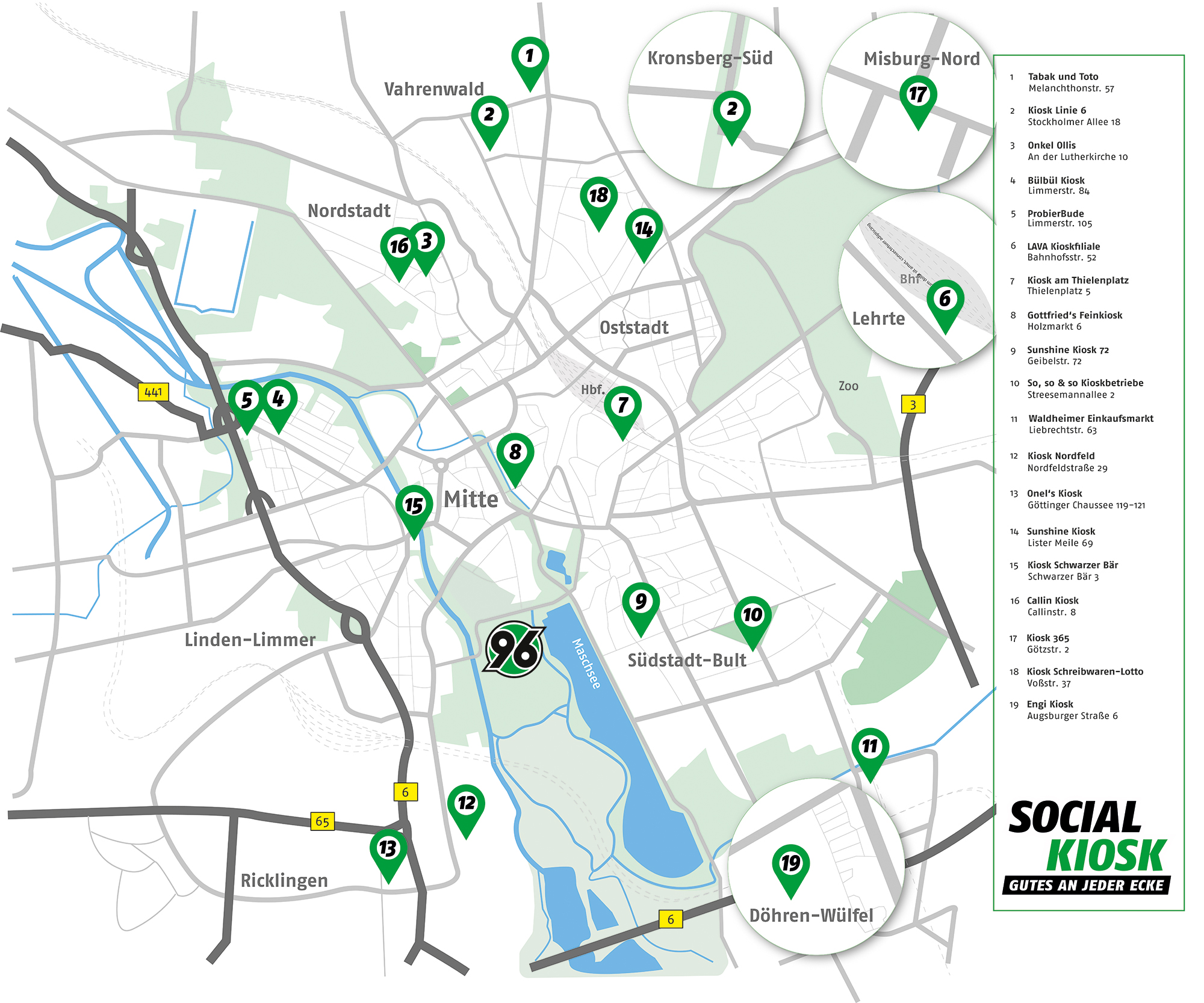 Die Social Kioske grafisch auf einer Stadtkarte dargestellt.