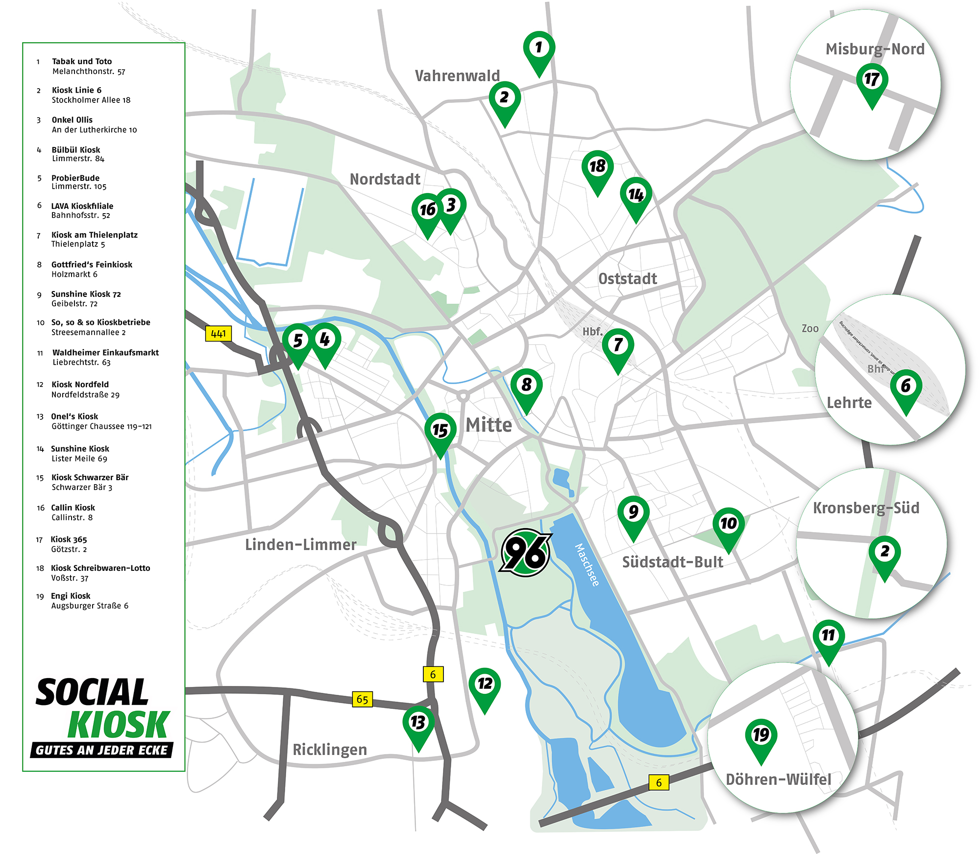 Eine grafisch gestaltete Stadtkarte von Hannover, in der die SOCIAL KIOSKE eingezeichnet sind.