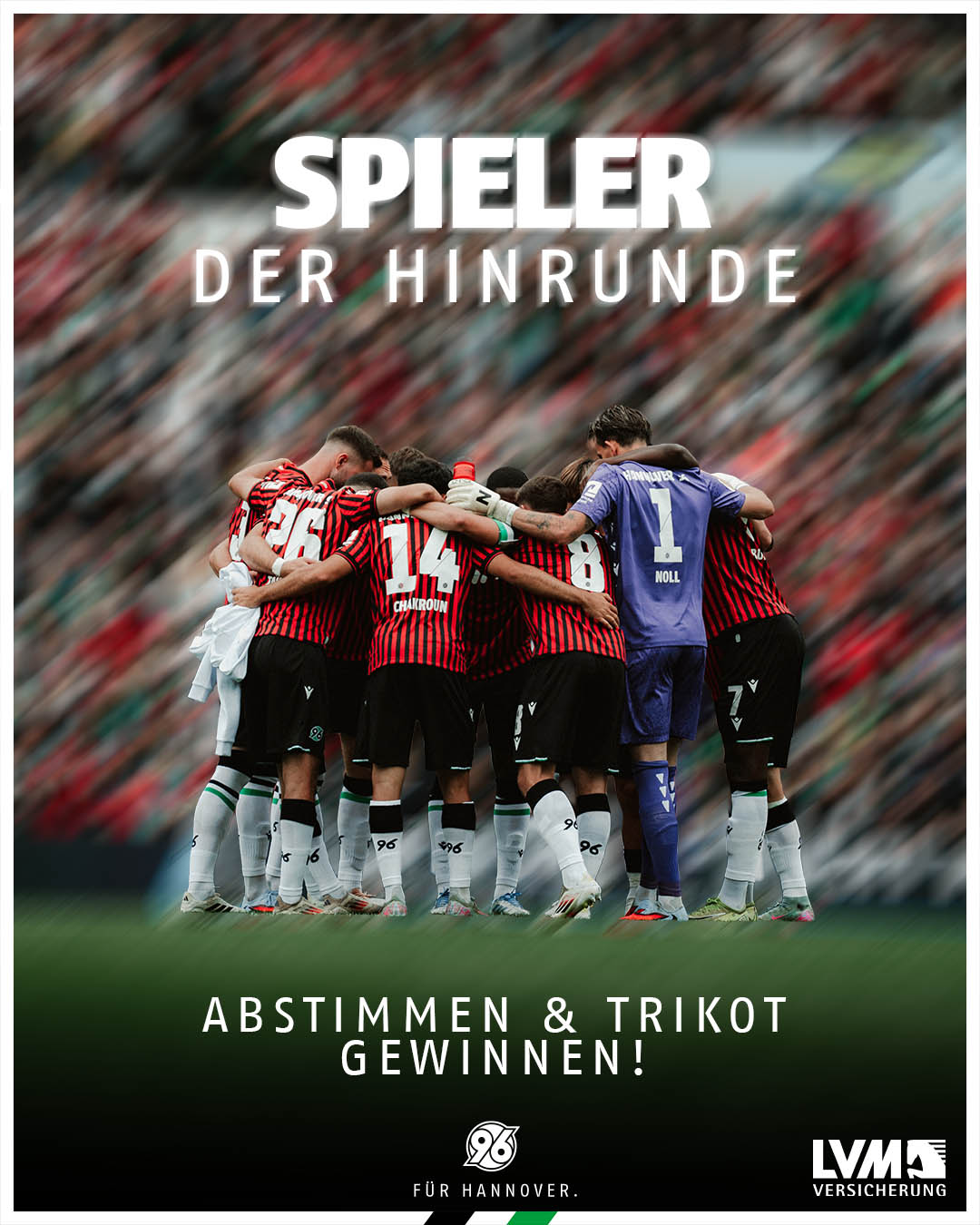 Grafik mit einem Mannschaftskreis, darüber steht "Spieler der Hinrunde" und untern "Abstimmen und Trikot gewinnen". 