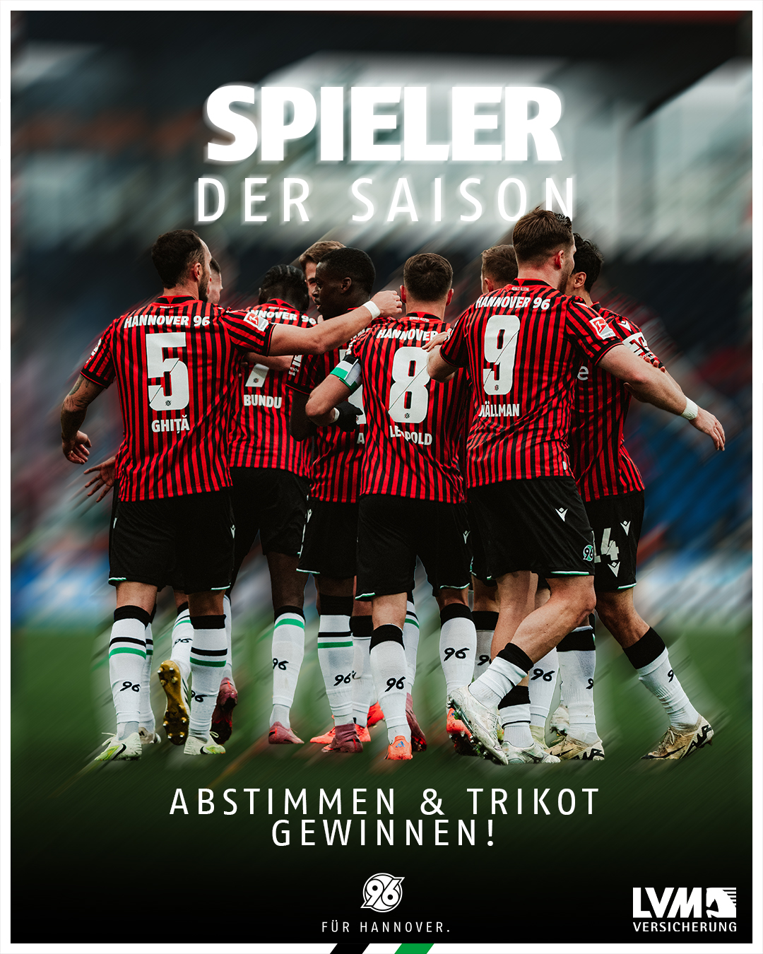 Eine Gruppe Spieler in Heimtrikots ist von hinten zu sehen, oben drüber steht "Spieler der Saison", unten drunter "Abstimmen & Trikot gewinnen".