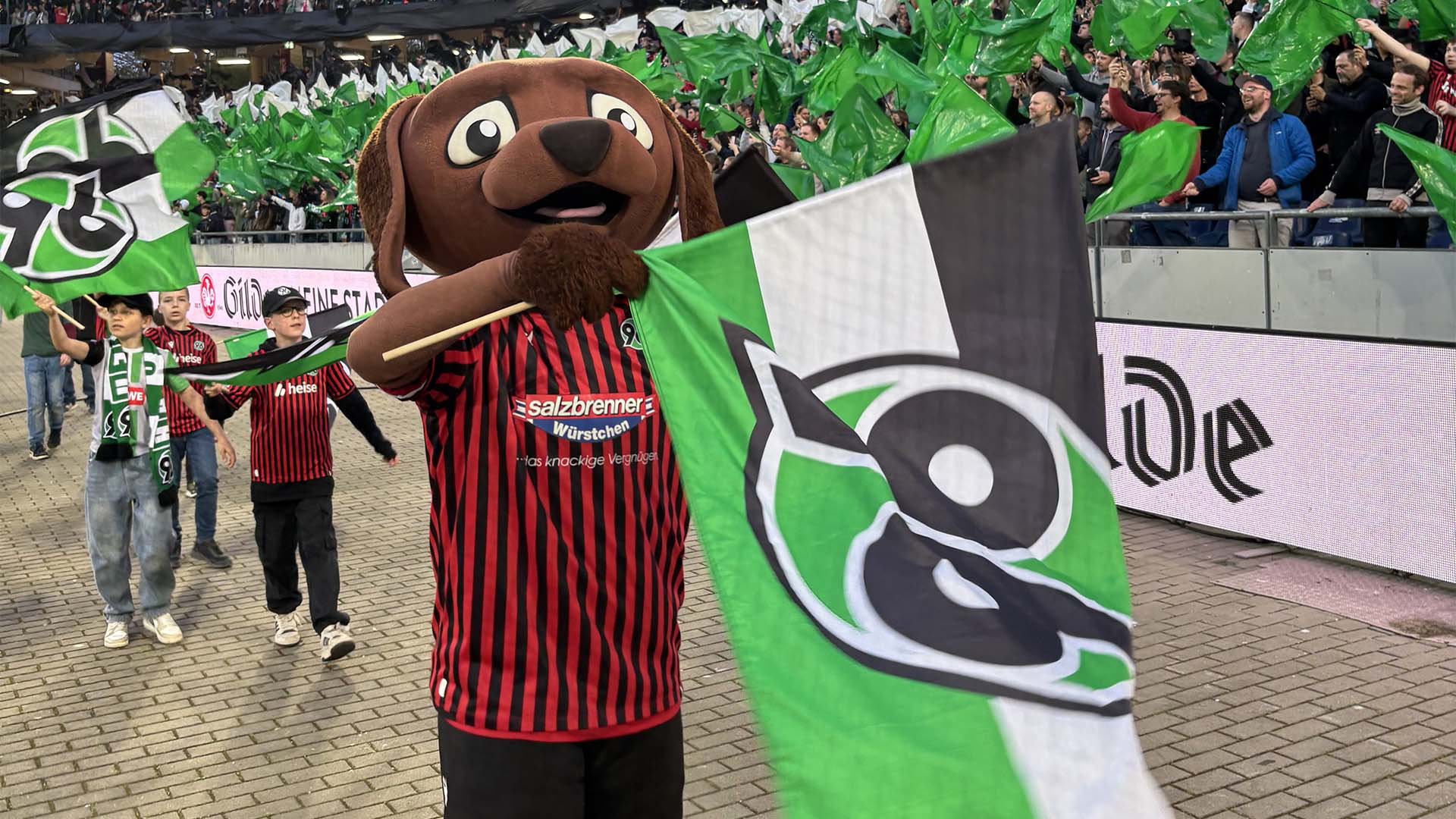 KIDS-Maskottchen EDDI schwenkt eine 96-Fahne im Innenraum des Stadions, hinter ihm laufen Kinder her, im Hintergrund sind volle Ränge zu sehen.