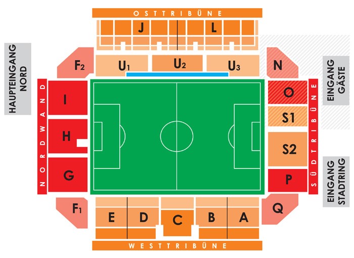 Der Stadionplan von Cottbus mit Sitzplatzkennzeichnungen.