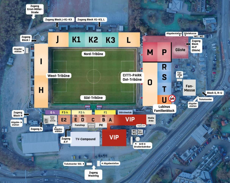 Der Stadionplan vom Kieler Stadion mit Sitzplatzkennzeichnungen.