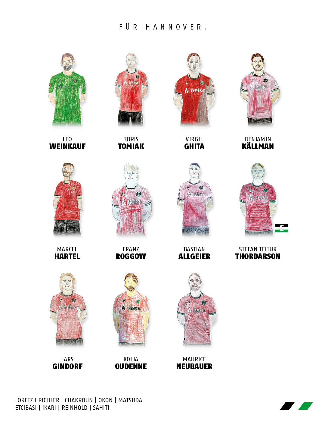 Die Startelf mit gemalten Kinderporträts.