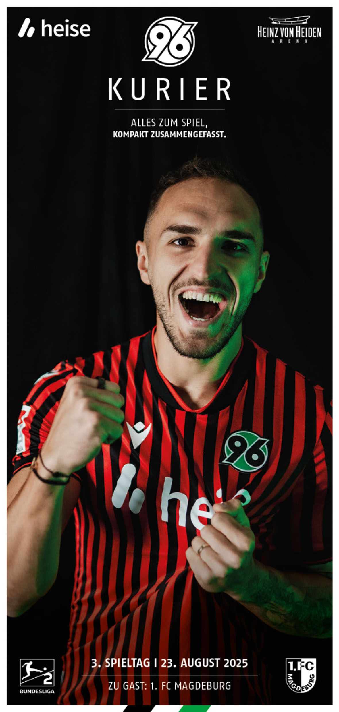 Auf dem Titel ist ein jubelnder Virgil Ghita vor einem schwarzen Hintergrund zu sehen. Die Partie steht drauf sowie "Alles zum Spiel, kompakt zusammengefasst".