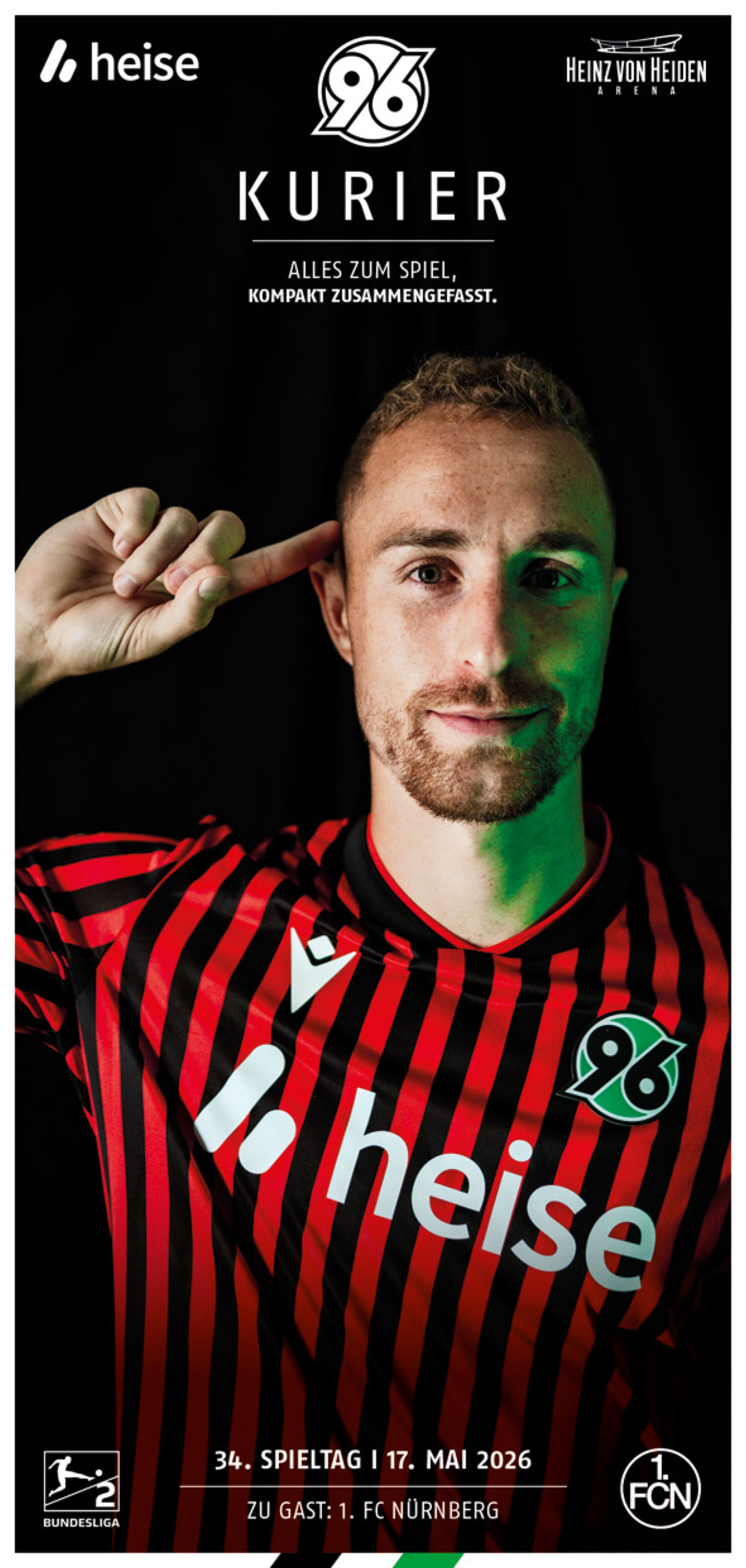 Der Titel des aktuellen 96-Kuriers mit Maurice Neubauer im Heimtrikot vor schwarzem Hintergrund.
