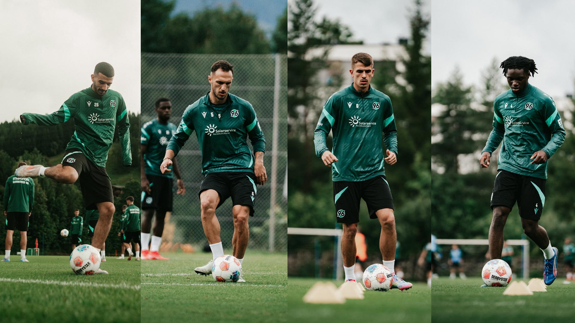 Waniss Taibi, Virgil Ghita, Maik Nawrocki und Hendry Blank mit dem Ball am Fuß auf dem Trainingsplatz.