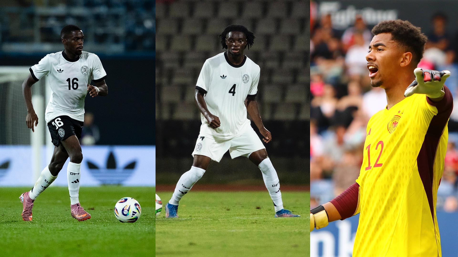 Collage von Noel Aseko, Hendry Blank und Leon Wechsel im DFB-Trikot.