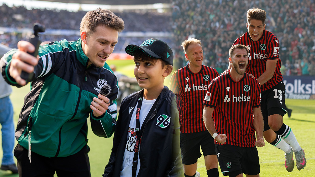 Host Niklas und Nachwuchsreporter Kenan reden in die Kamera, die Mannschaft jubelt.