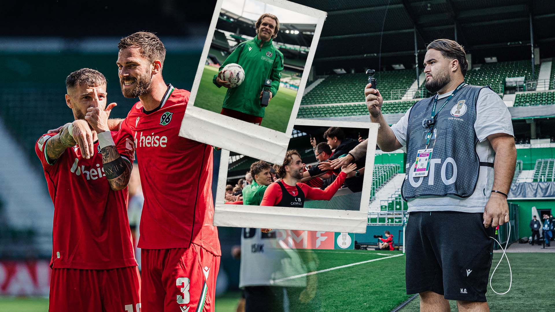 Collage aus zwei Bildern (Mann mit kleiner Kamera filmt sich; zwei 96-Spieler jubeln) und zwei Polaroids (ein 96-Spieler mit einem Ball und einem Pokal; 96-Spieler klatschen mit Fans ab) davor.