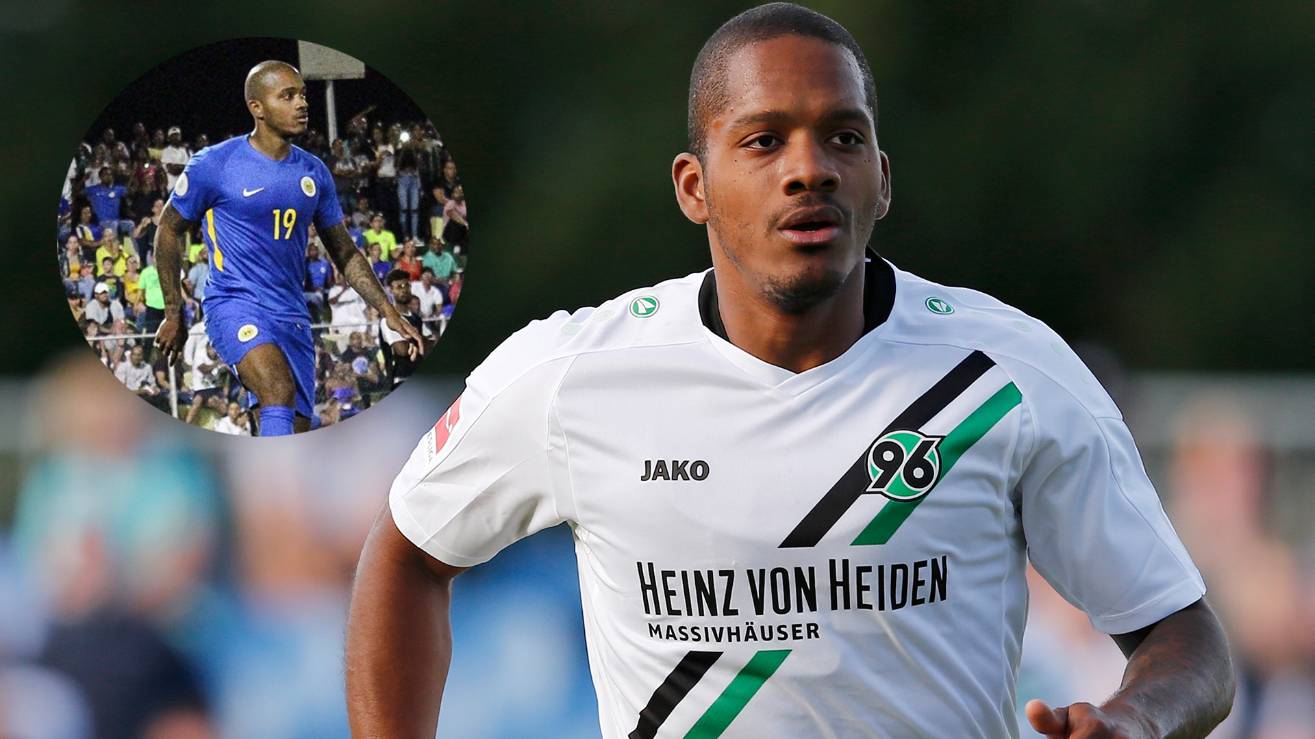 Charlison Benschop im weißen 96-Trikot. Links oben ein Bildausschnitt von ihm im Curacao-Trikot.