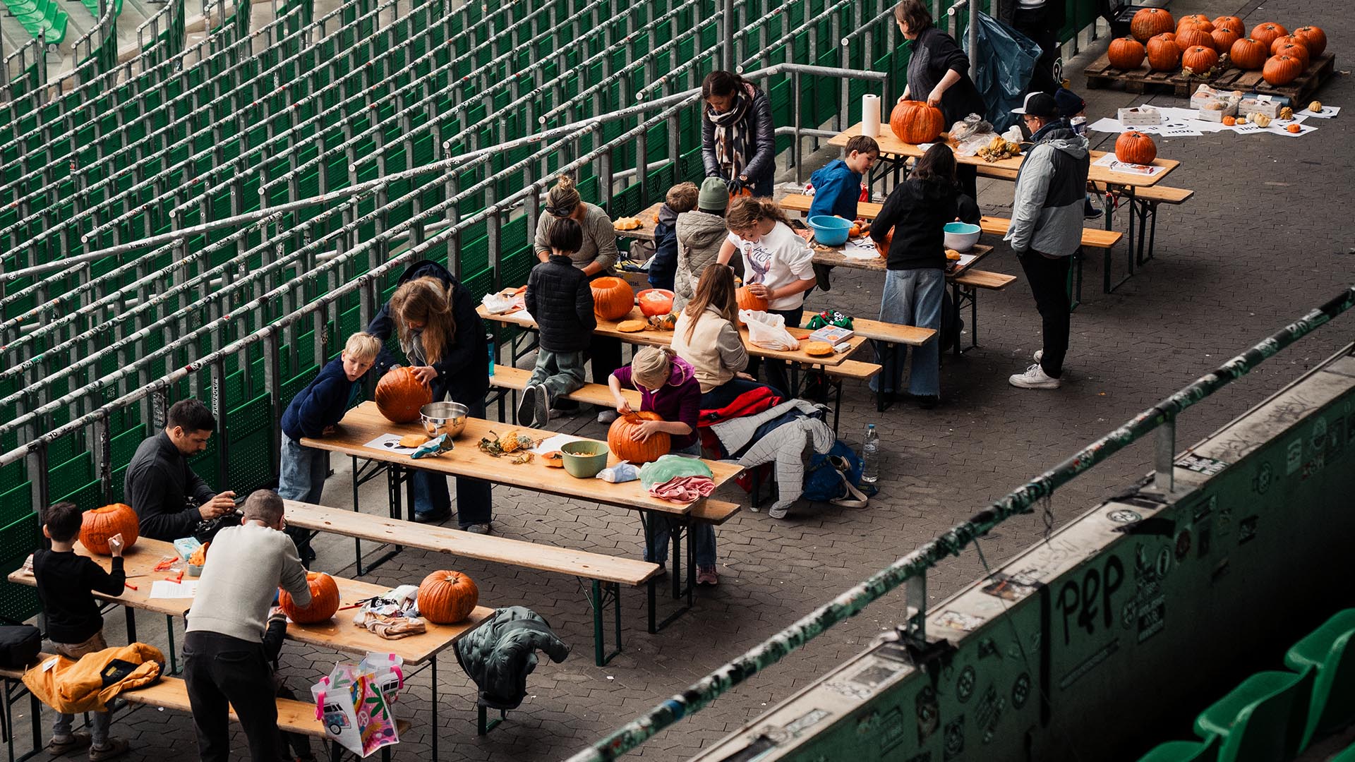 Viele Kinder schntzen Kürbisse.