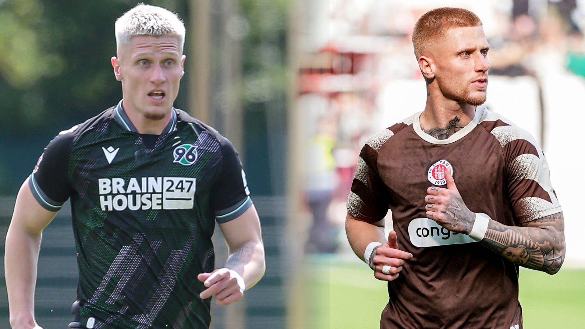 Geteiltes Bild: Louis Oppie im 96-Trikot (links) und im St. Pauli-Trikot (rechts).