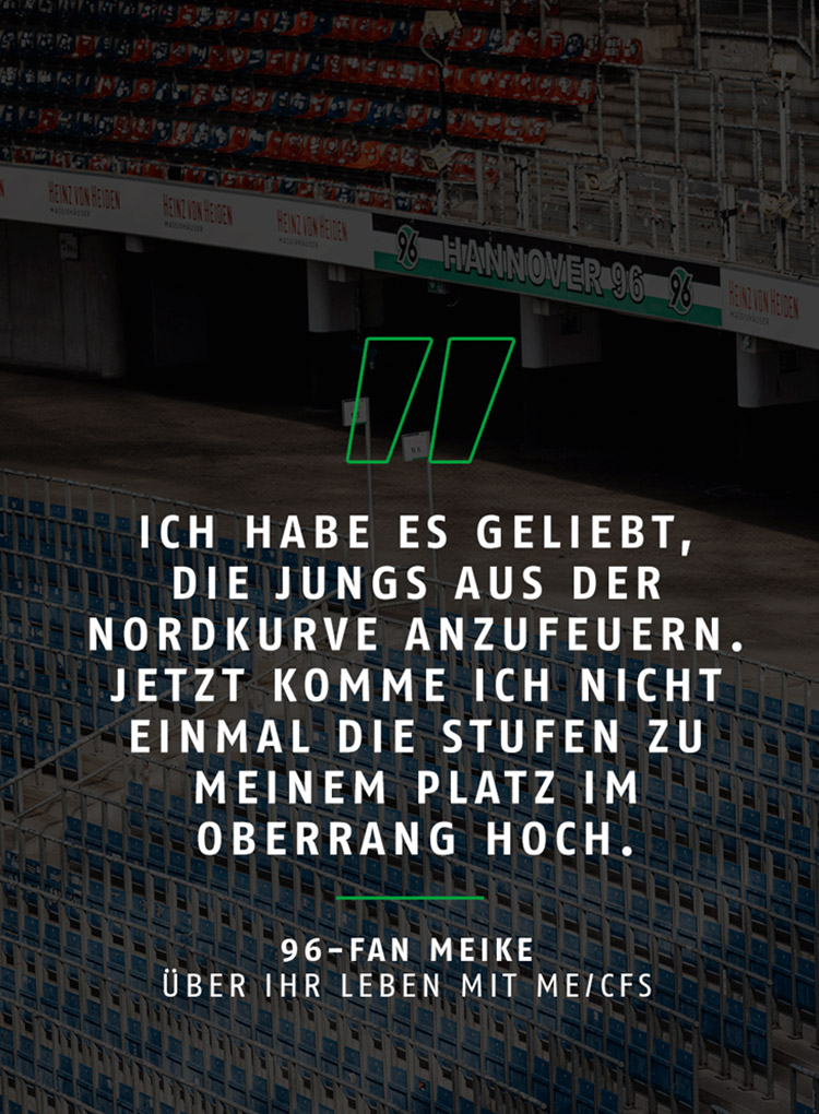 Ein leeres Stadion im Hintergrund mit Zitatkachel im Vordergrund.