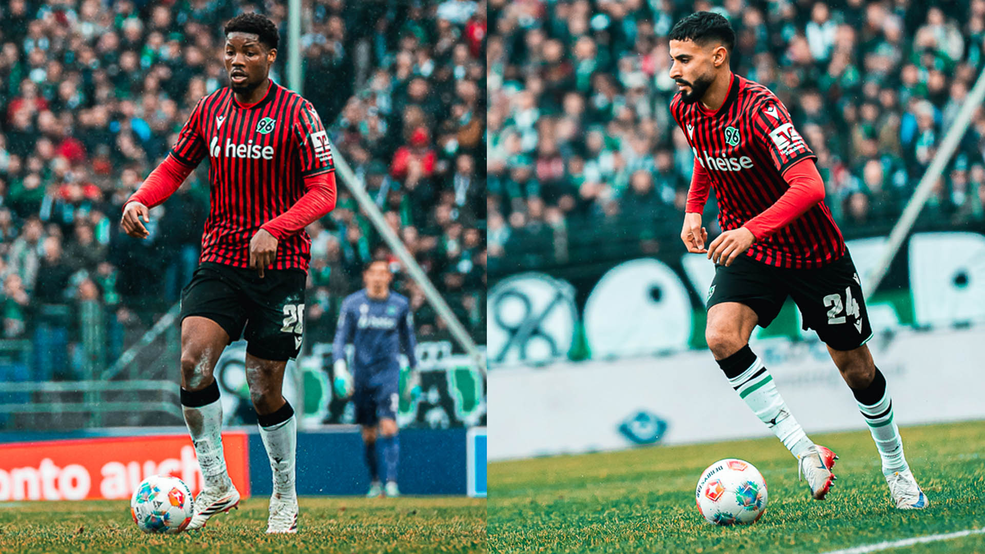 Per Splitscreen ist Ime Okon links und Elias Saad rechts zu sehen. Beide haben das rot-schwarz gestreifte Heimtrikot mit der schwarzen Hose und den weißen Stutzen an und führen den Ball mit dem rechten Fuß über den Rasen.